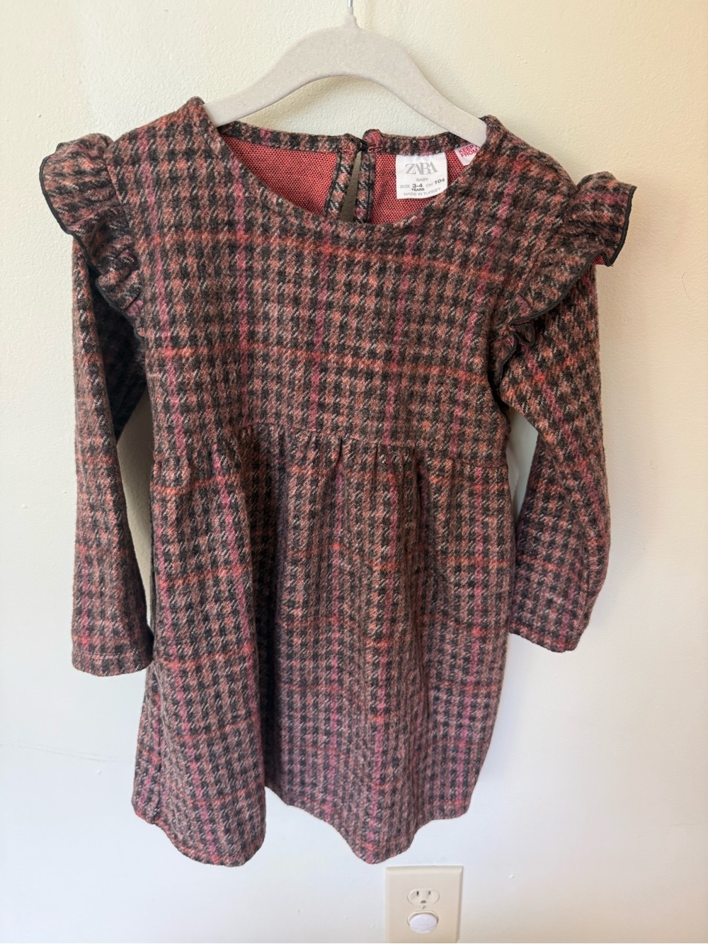 Zara Brown and Pink Houndstooth Ruffle-Shoulder Dress